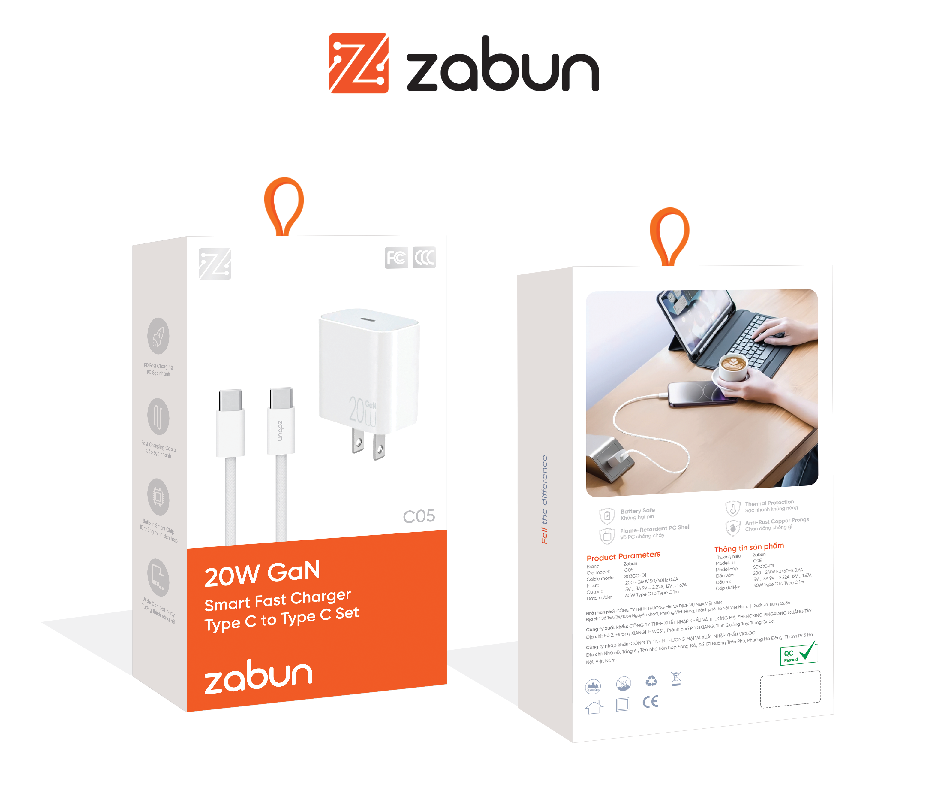 BỘ SẠC 20w Zabun C05 Cáp dù chân Type C-Type C